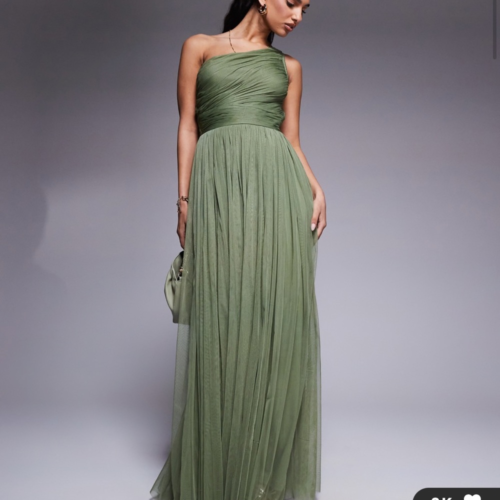 Lace and Beads 🌳 One-Shoulder Light Olive Green/ Sage Green Evening Gown